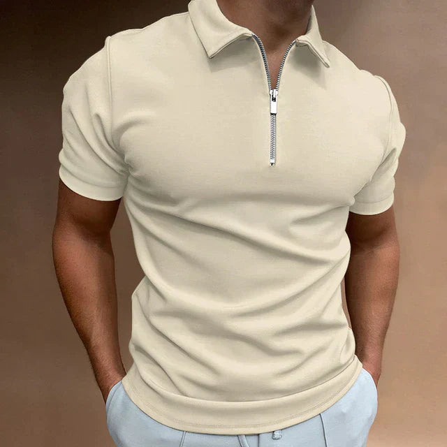William | Men’s Zipper Polo Shirt Casual Short Sleeve Cotton-Blend Top