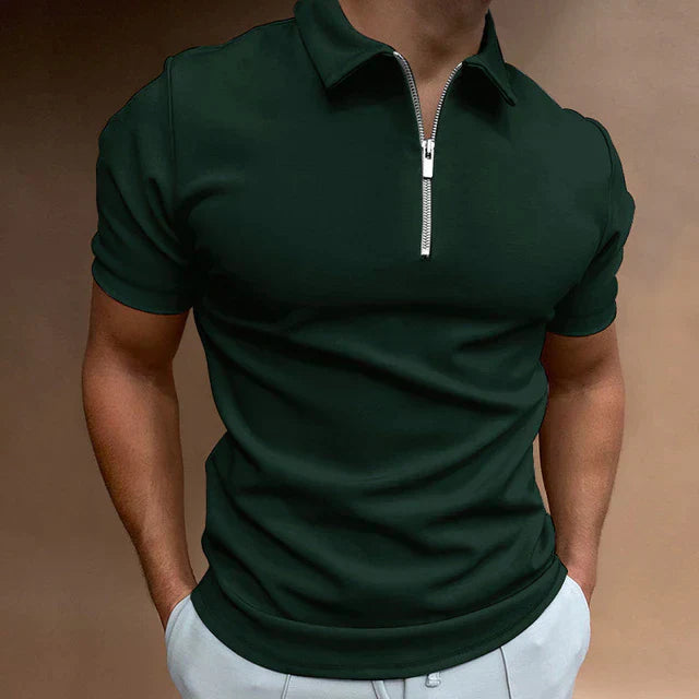 William | Men’s Zipper Polo Shirt Casual Short Sleeve Cotton-Blend Top