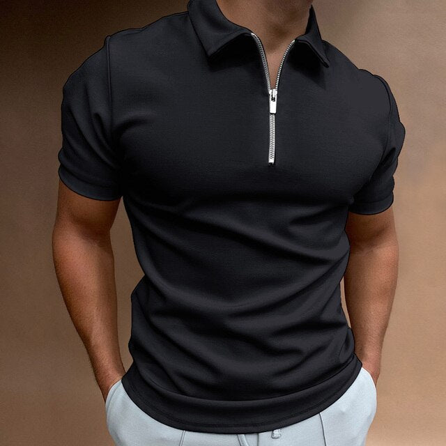 William | Men’s Zipper Polo Shirt Casual Short Sleeve Cotton-Blend Top