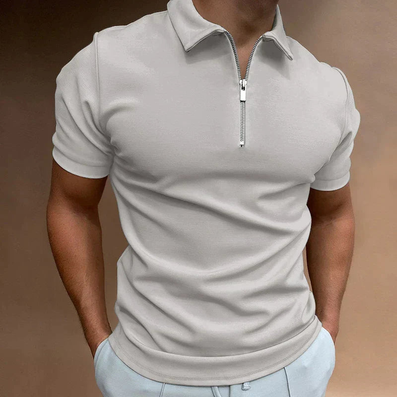 William | Men’s Zipper Polo Shirt Casual Short Sleeve Cotton-Blend Top