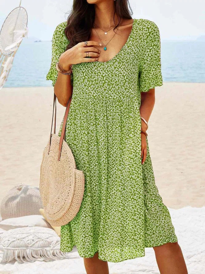 Women's Floral Summer Dress – V-Neck, Short Sleeve, Relaxed Fit, Lightweight Cotton