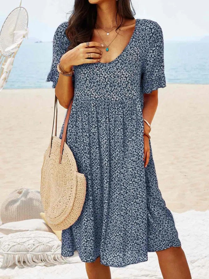 Women's Floral Summer Dress – V-Neck, Short Sleeve, Relaxed Fit, Lightweight Cotton