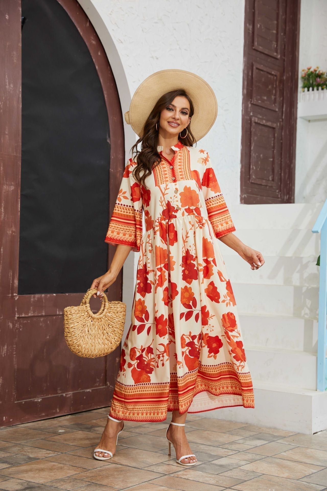 Variant image for Women's Floral Maxi Dress – Button Front, Flared 3/4 Sleeves, Cinched Waist, Spring/Summer-1