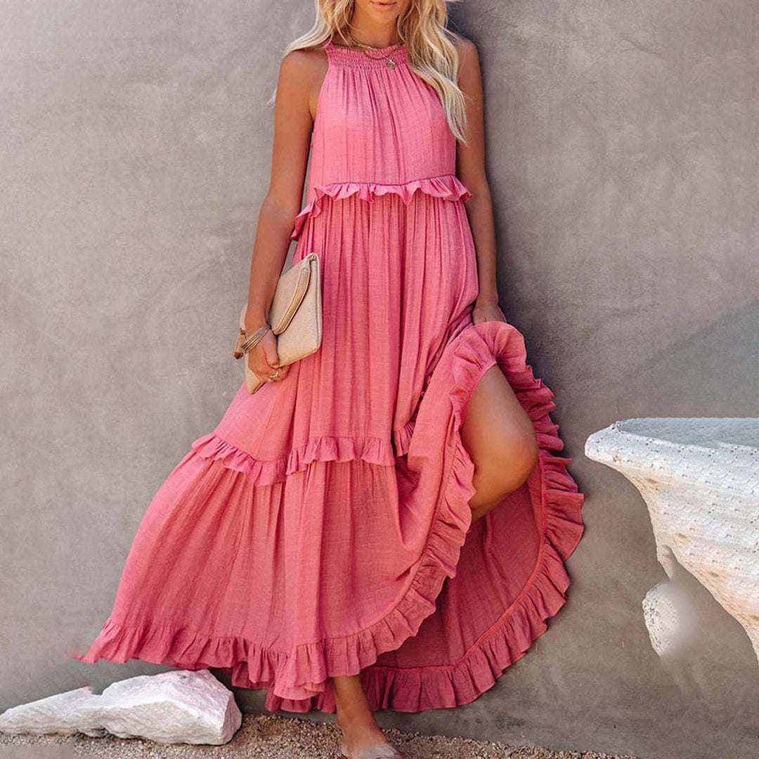 Women's White Maxi Dress – Sleeveless Halter Neck, Ruffle Tiered A-Line, Lightweight Cotton Blend