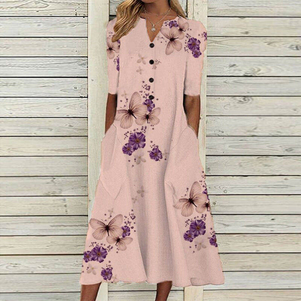 Variant image for Women's Floral Butterfly Midi Dress – V-Neck, Button Front, Short Sleeve, Pockets, Summer Ready-9