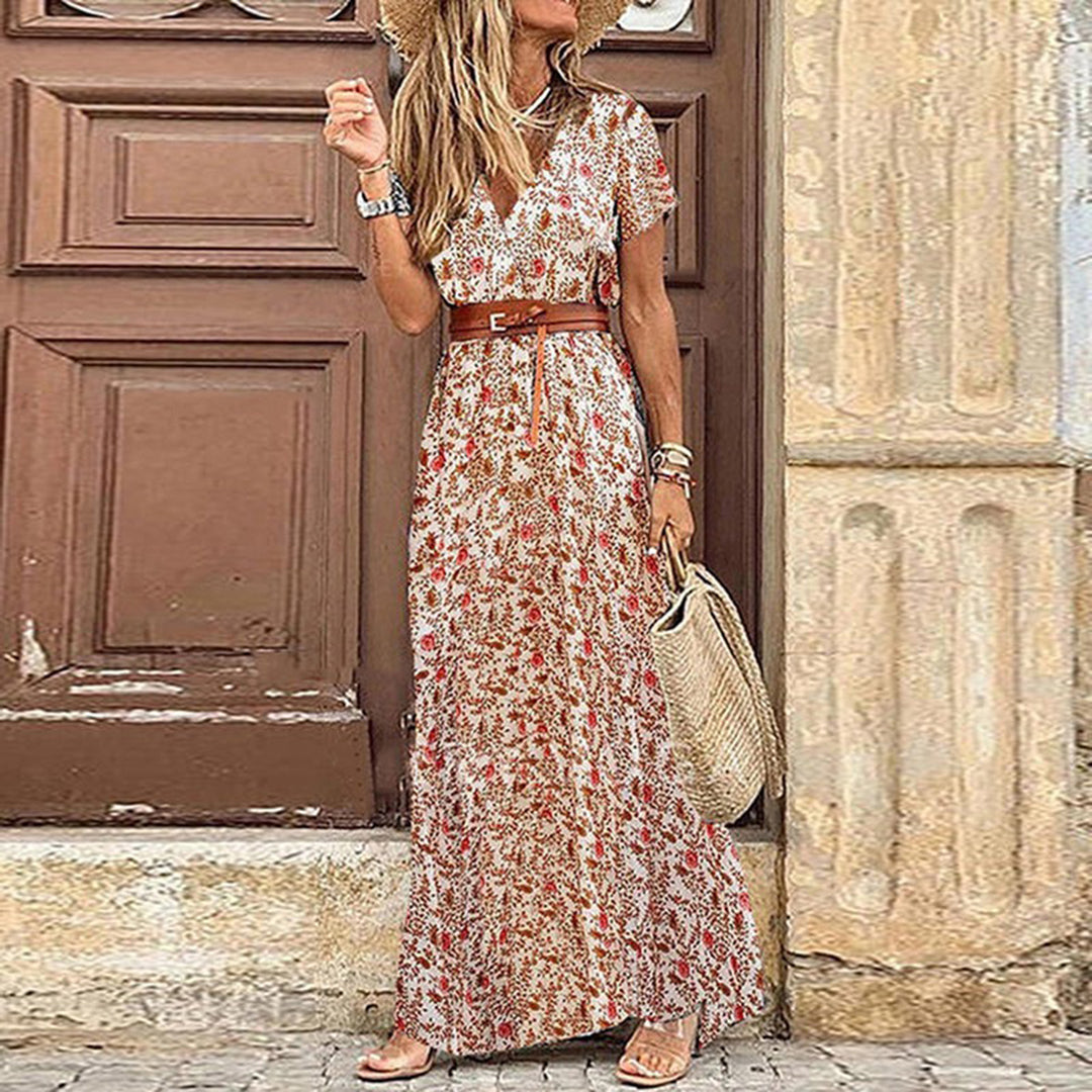 Variant image for Women's Paisley Print Maxi Dress – V-Neck, Short Sleeve, Belted Fit, Side Slit, Cotton Blend, Summer-25