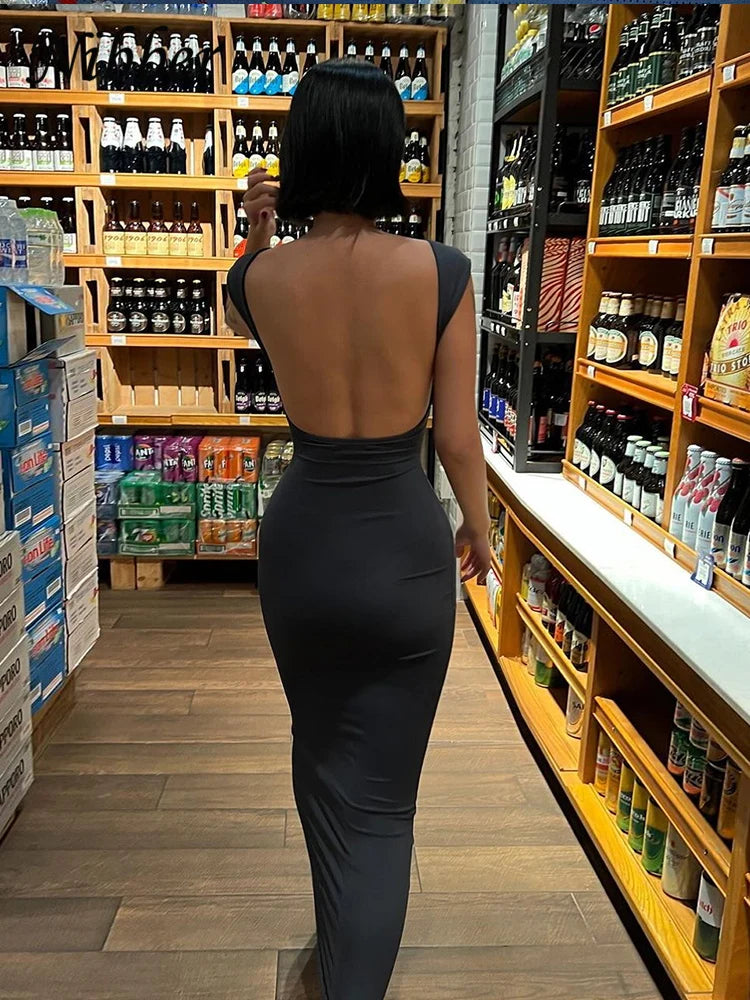 Women's Backless Maxi Dress – Elegant Slim Fit, Short Sleeve, Perfect for Summer and Formal Occasions