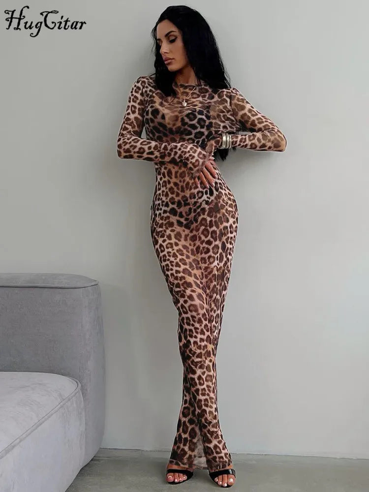 Women's Leopard Print Maxi Dress – Long Sleeve, Slim Fit, See-Through Mesh