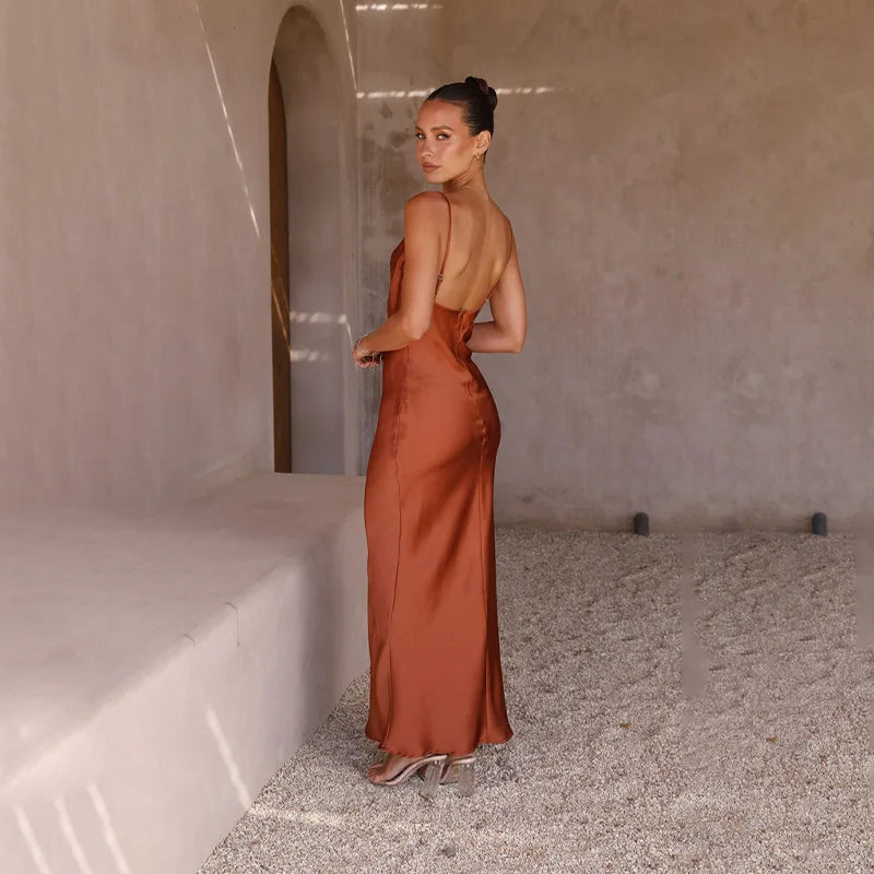 Millie | Long Satin Slip Dress Elegant V-Neck Backless Gown for Women
