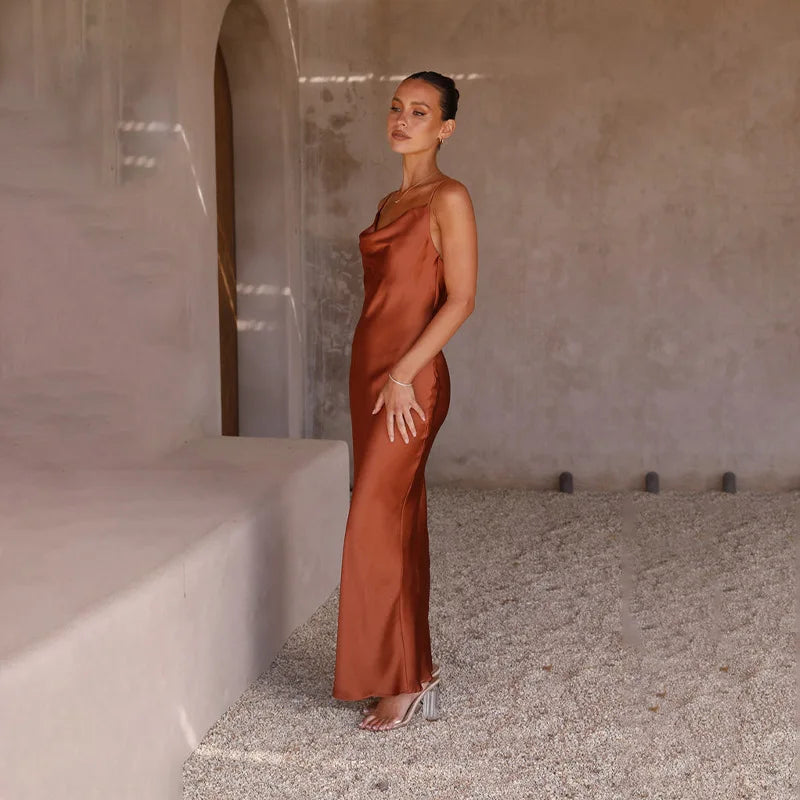 Millie | Long Satin Slip Dress Elegant V-Neck Backless Gown for Women