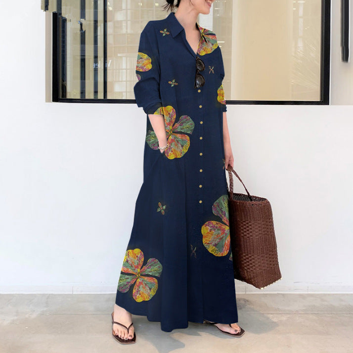 Women's Floral Maxi Dress – Long Sleeve, Button Front, Flowy Fit, Rayon Blend