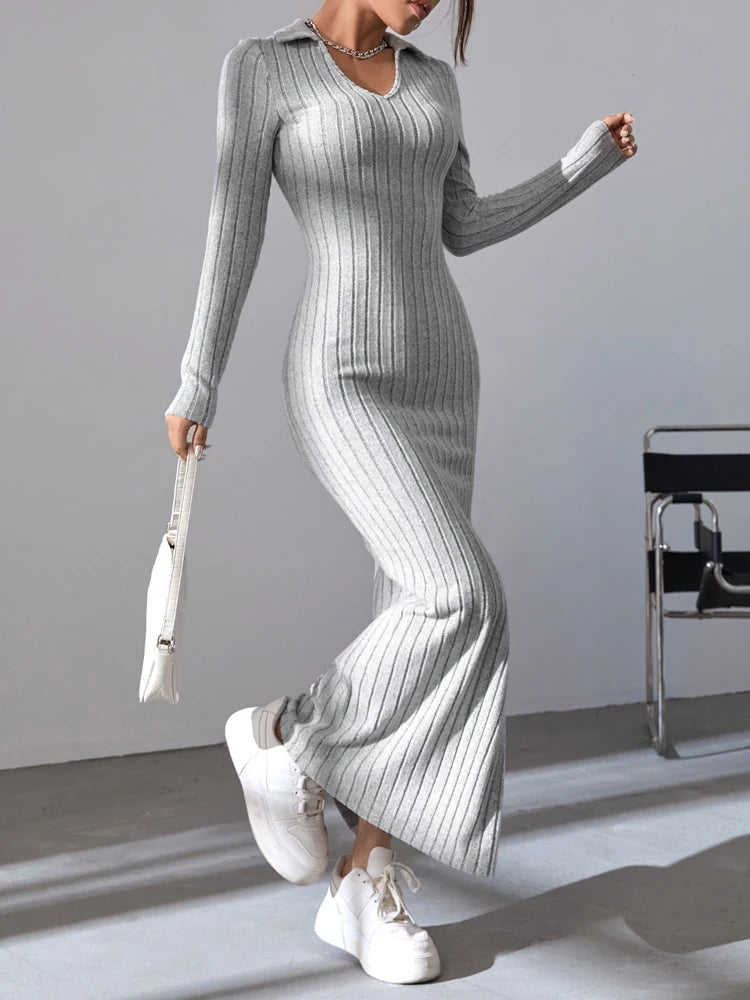 Women's Knit V-Neck Split Dress – Elegant Full Sleeve, Regular Fit, Autumn/Winter