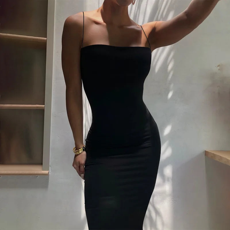 Women's Black Bodycon Dress – Elegant Sleeveless, Backless, Spaghetti Strap, Casual Clubwear