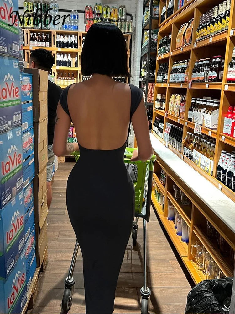 Women's Backless Maxi Dress – Elegant Slim Fit, Short Sleeve, Perfect for Summer and Formal Occasions