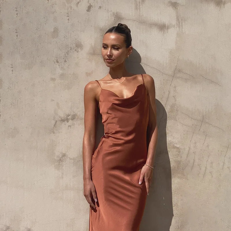 Millie | Long Satin Slip Dress Elegant V-Neck Backless Gown for Women