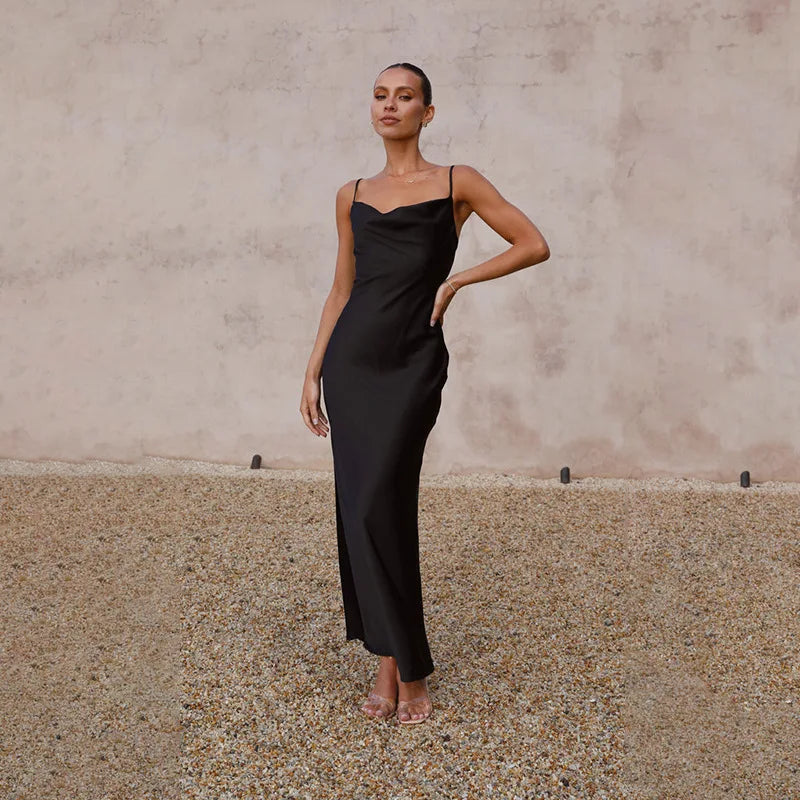 Millie | Long Satin Slip Dress Elegant V-Neck Backless Gown for Women