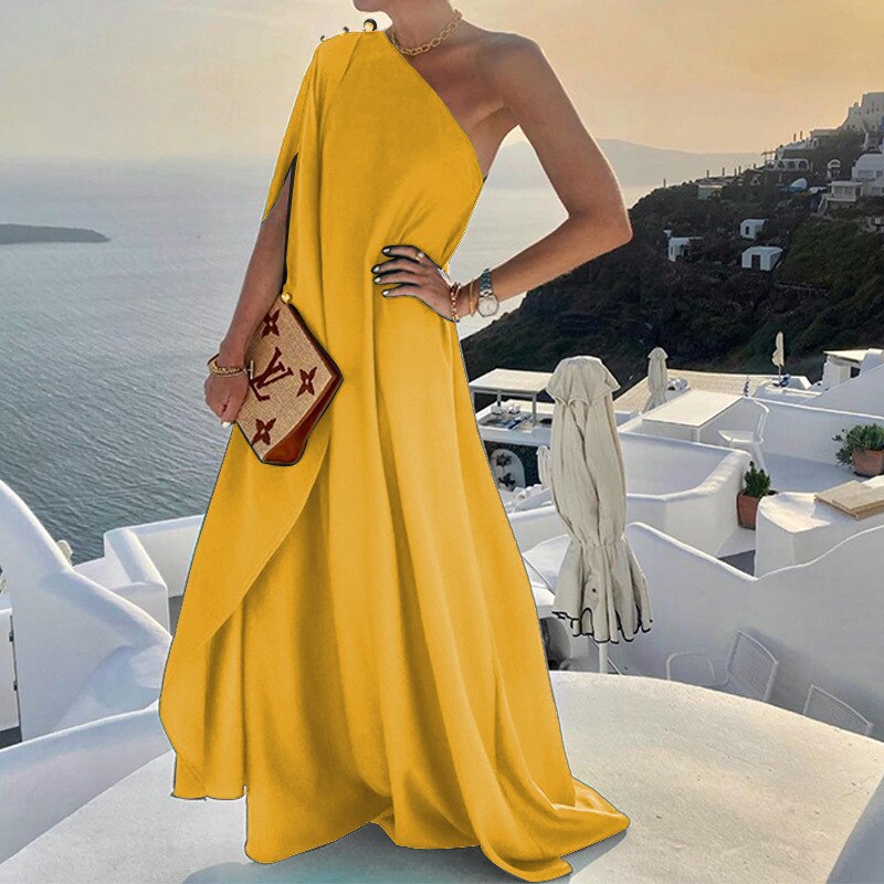 Women's One-Shoulder Evening Gown – Floor-Length A-Line, Elegant Draped Design