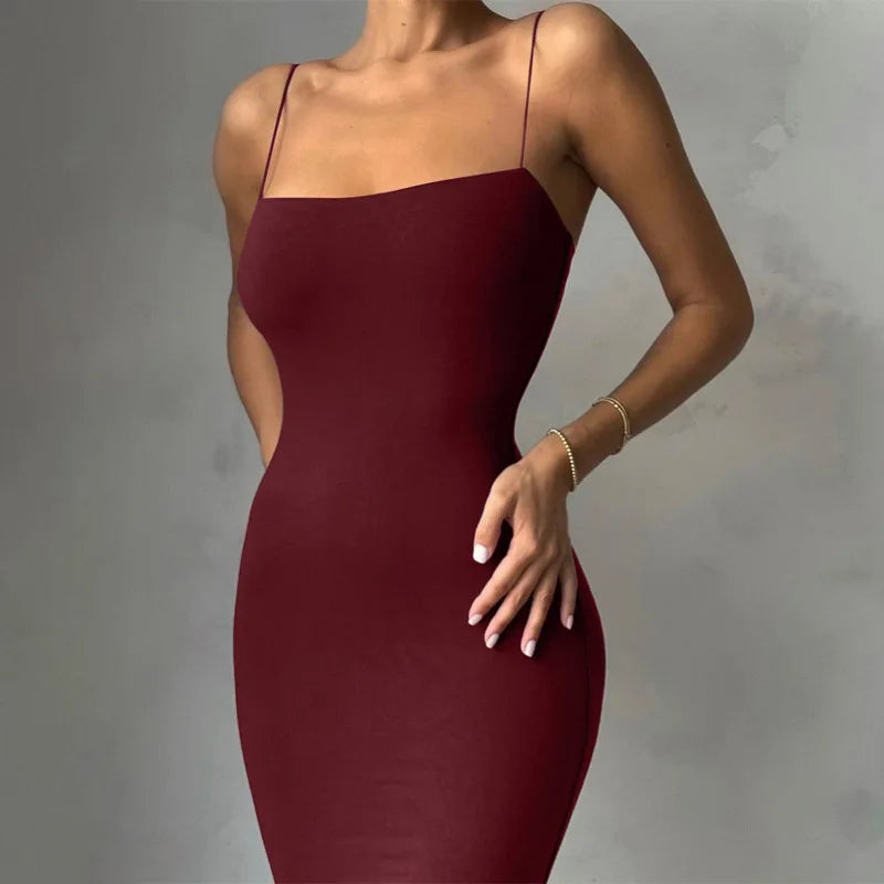 Women's Black Bodycon Dress – Elegant Sleeveless, Backless, Spaghetti Strap, Casual Clubwear