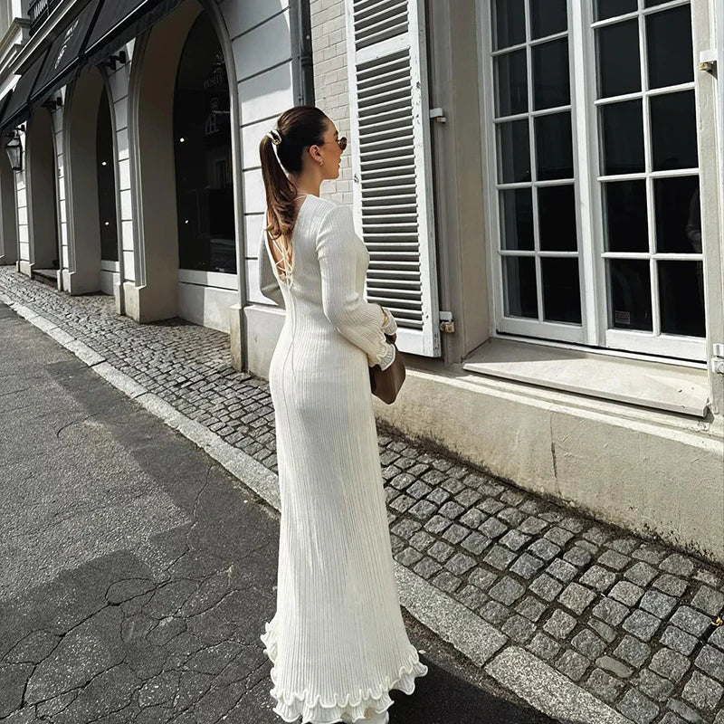 Women's Black Pleated Maxi Dress – Elegant O-Neck, Loose Fit, Autumn Winter Fashion