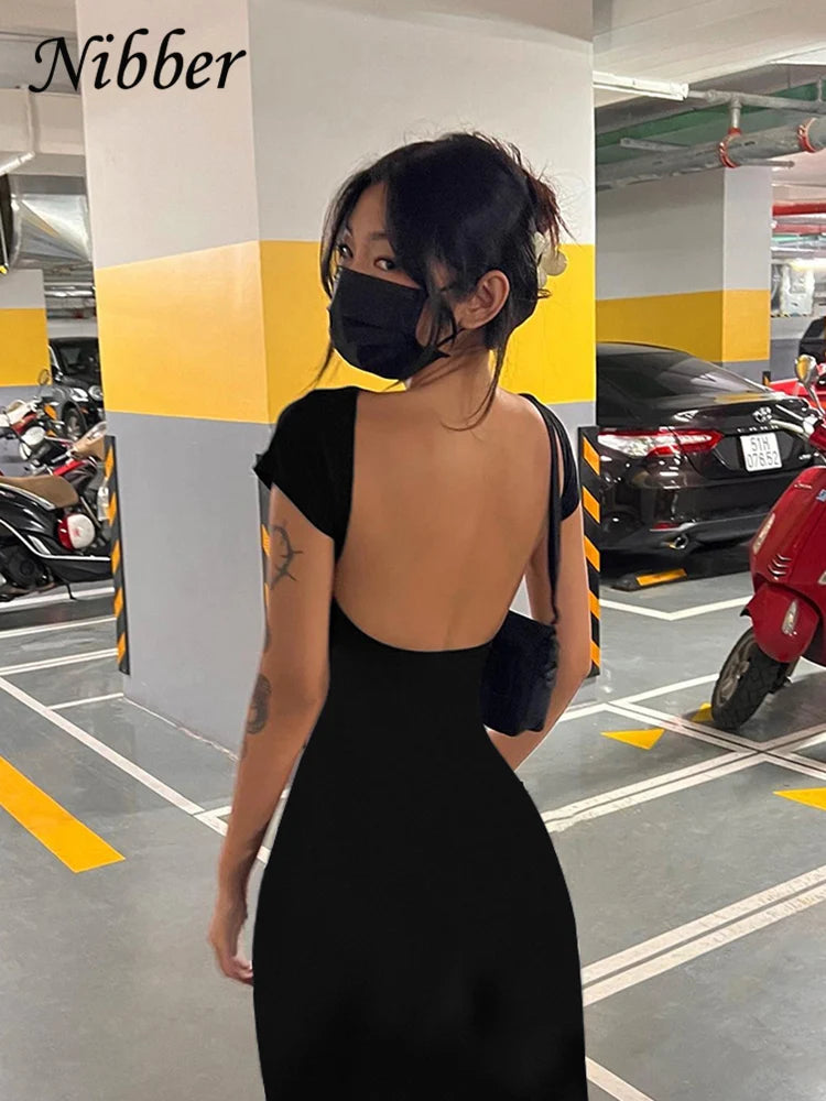 Women's Backless Maxi Dress – Elegant Slim Fit, Short Sleeve, Perfect for Summer and Formal Occasions