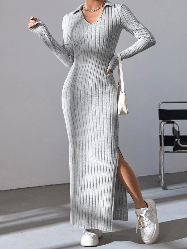 Women's Knit V-Neck Split Dress – Elegant Full Sleeve, Regular Fit, Autumn/Winter
