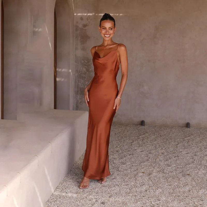 Millie | Long Satin Slip Dress Elegant V-Neck Backless Gown for Women