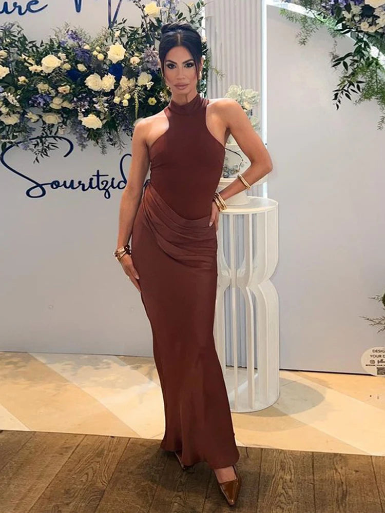 Women's Black Satin Maxi Dress – Elegant Sleeveless, High Waist, Hollow-Out Design