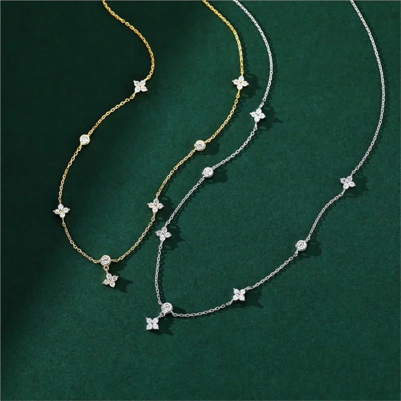 Women's Silver Choker Necklace – Elegant Four-Leaf Flower Design with Zircon Inlay