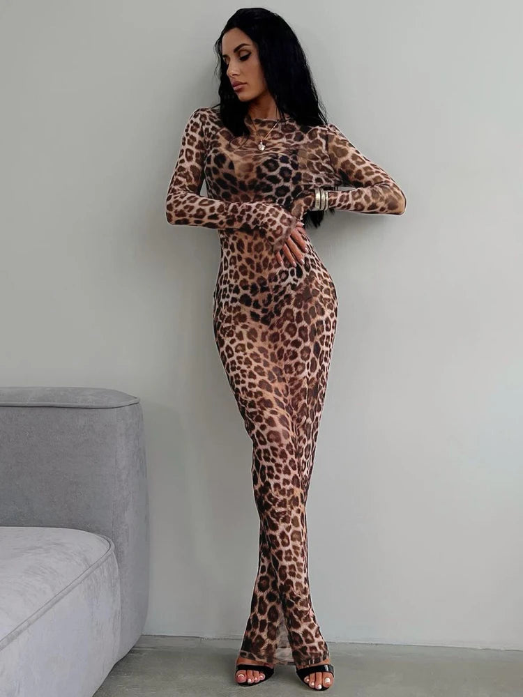 Variant image for Women's Leopard Print Maxi Dress – Long Sleeve, Slim Fit, See-Through Mesh-4