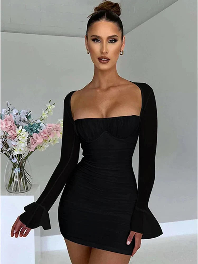 Variant image for Women's Black Halter Long Sleeve Minidress – Fitted Design, Mini Length, Polyester Blend-4