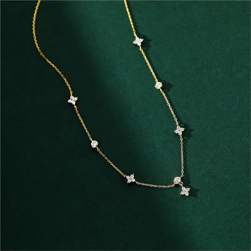 Women's Silver Choker Necklace – Elegant Four-Leaf Flower Design with Zircon Inlay