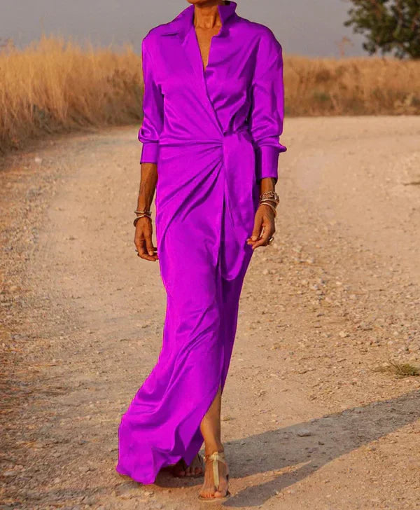 Variant image for Women's Satin Maxi Dress – Elegant Wrap Style, Long Sleeve, Ruched Waist, Perfect for Formal Events-18