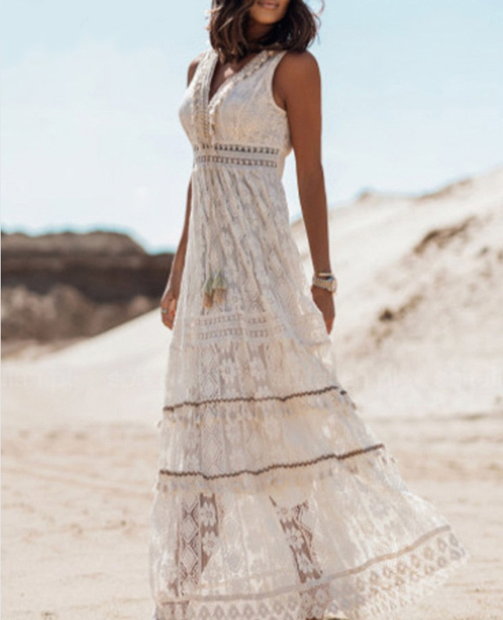 Women's Bohemian Maxi Dress – Lace Embroidered, Sleeveless V-Neck, Fitted Waist, Summer Ready