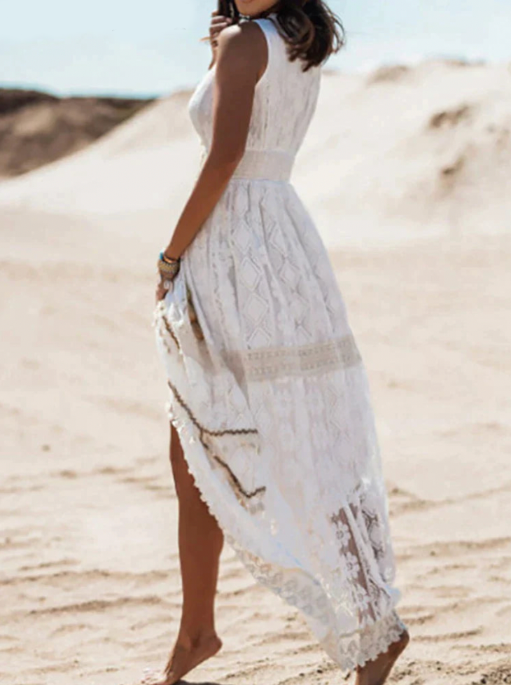 Women's Bohemian Maxi Dress – Lace Embroidered, Sleeveless V-Neck, Fitted Waist, Summer Ready