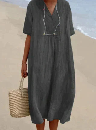 Women's Linen-Like Midi Dress – Relaxed Fit, Lightweight Cotton Blend, Perfect for Summer