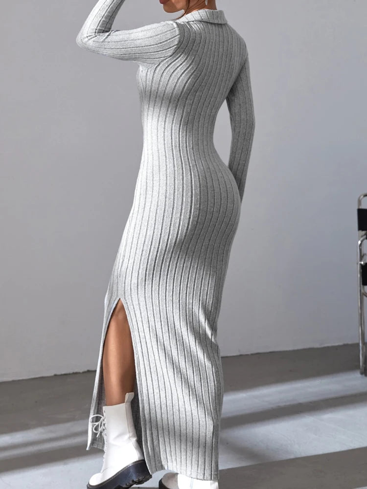 Women's Knit V-Neck Split Dress – Elegant Full Sleeve, Regular Fit, Autumn/Winter