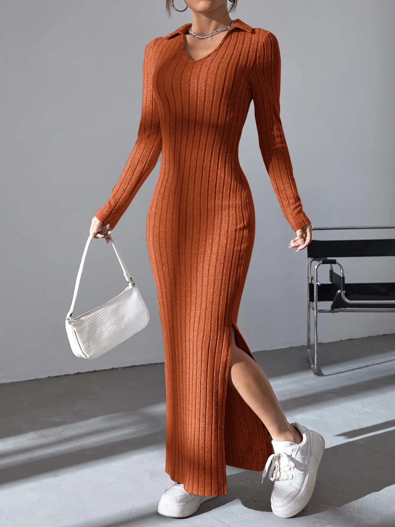 Variant image for Women's Knit V-Neck Split Dress – Elegant Full Sleeve, Regular Fit, Autumn/Winter-1