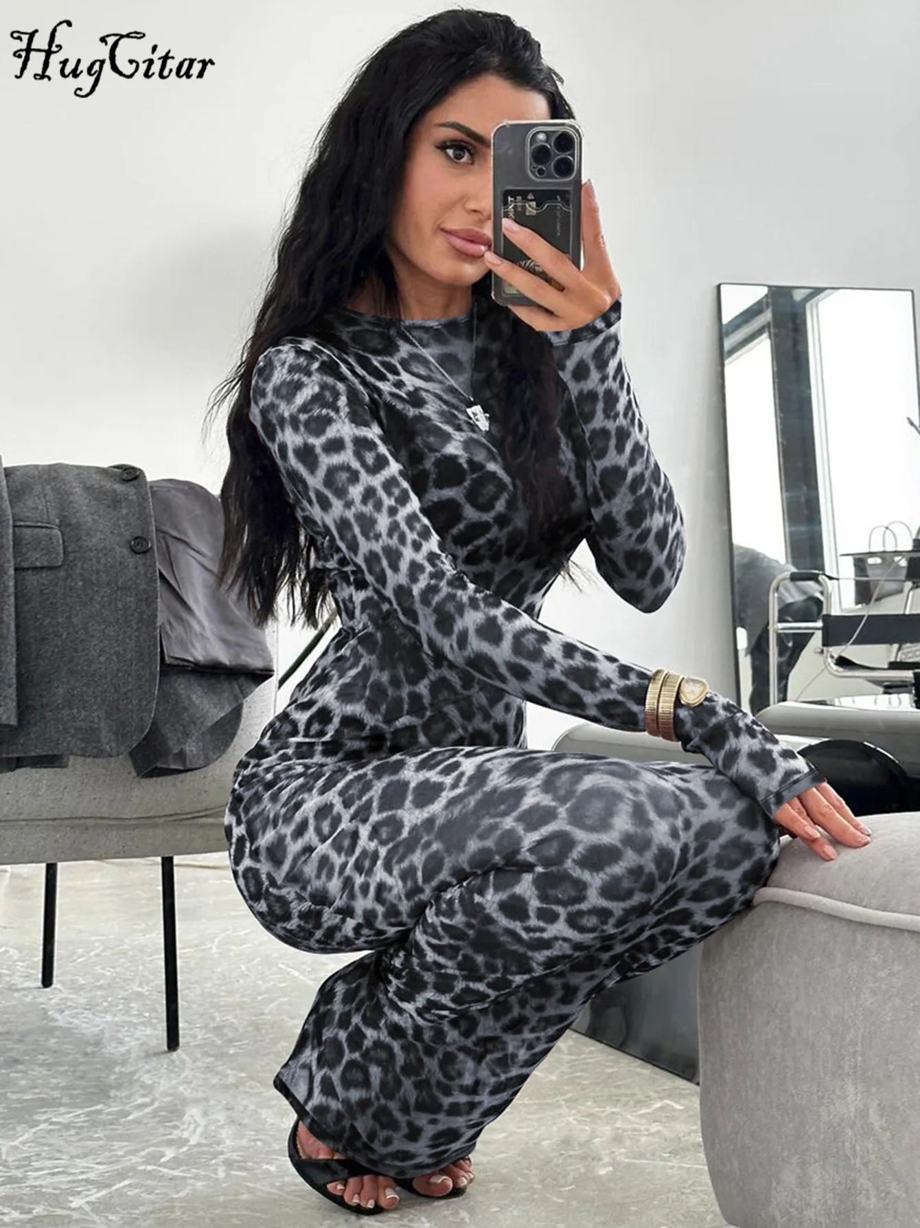 Women's Leopard Print Maxi Dress – Long Sleeve, Slim Fit, See-Through Mesh