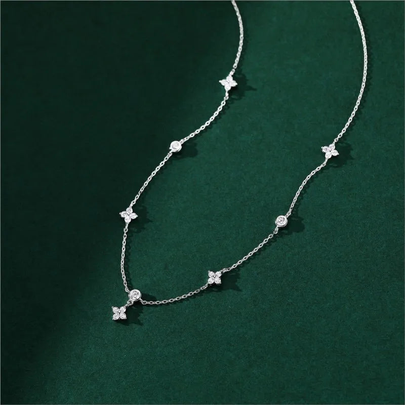 Women's Silver Choker Necklace – Elegant Four-Leaf Flower Design with Zircon Inlay