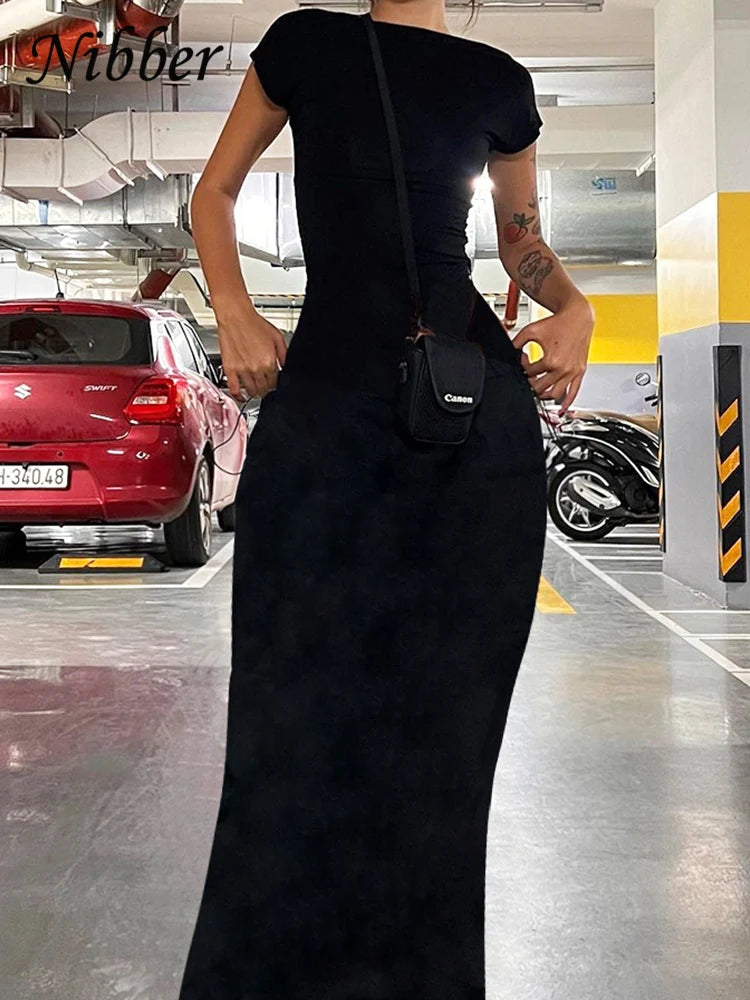 Women's Backless Maxi Dress – Elegant Slim Fit, Short Sleeve, Perfect for Summer and Formal Occasions