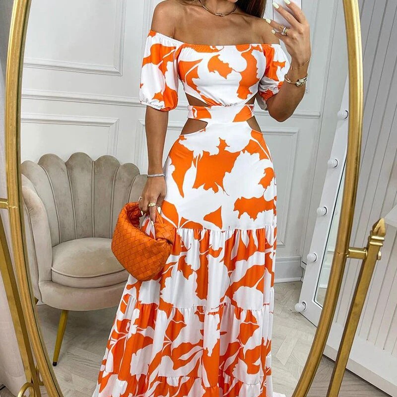 Women's Off-Shoulder Maxi Dress – Flowy Tiered Skirt, Puff Sleeves, Summer Style