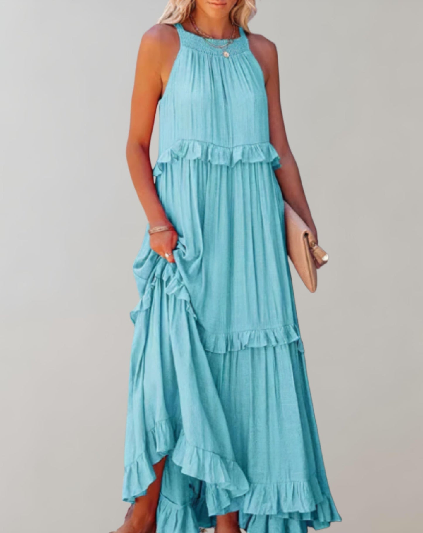 Variant image for Women's Flowy Maxi Dress – High Neck, Sleeveless, Ruffle Detail, Lightweight, Summer Ready-11