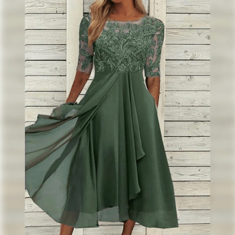 Emily | Elegant Lace Chiffon Midi Dress Half Sleeve Formal A-Line Gown