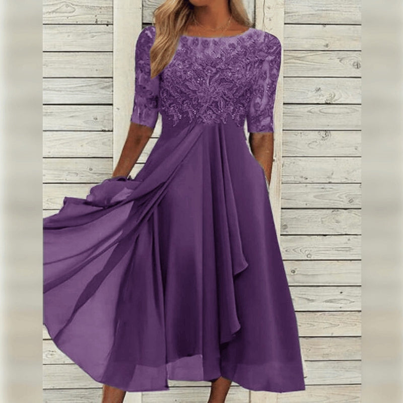 Emily | Elegant Lace Chiffon Midi Dress Half Sleeve Formal A-Line Gown