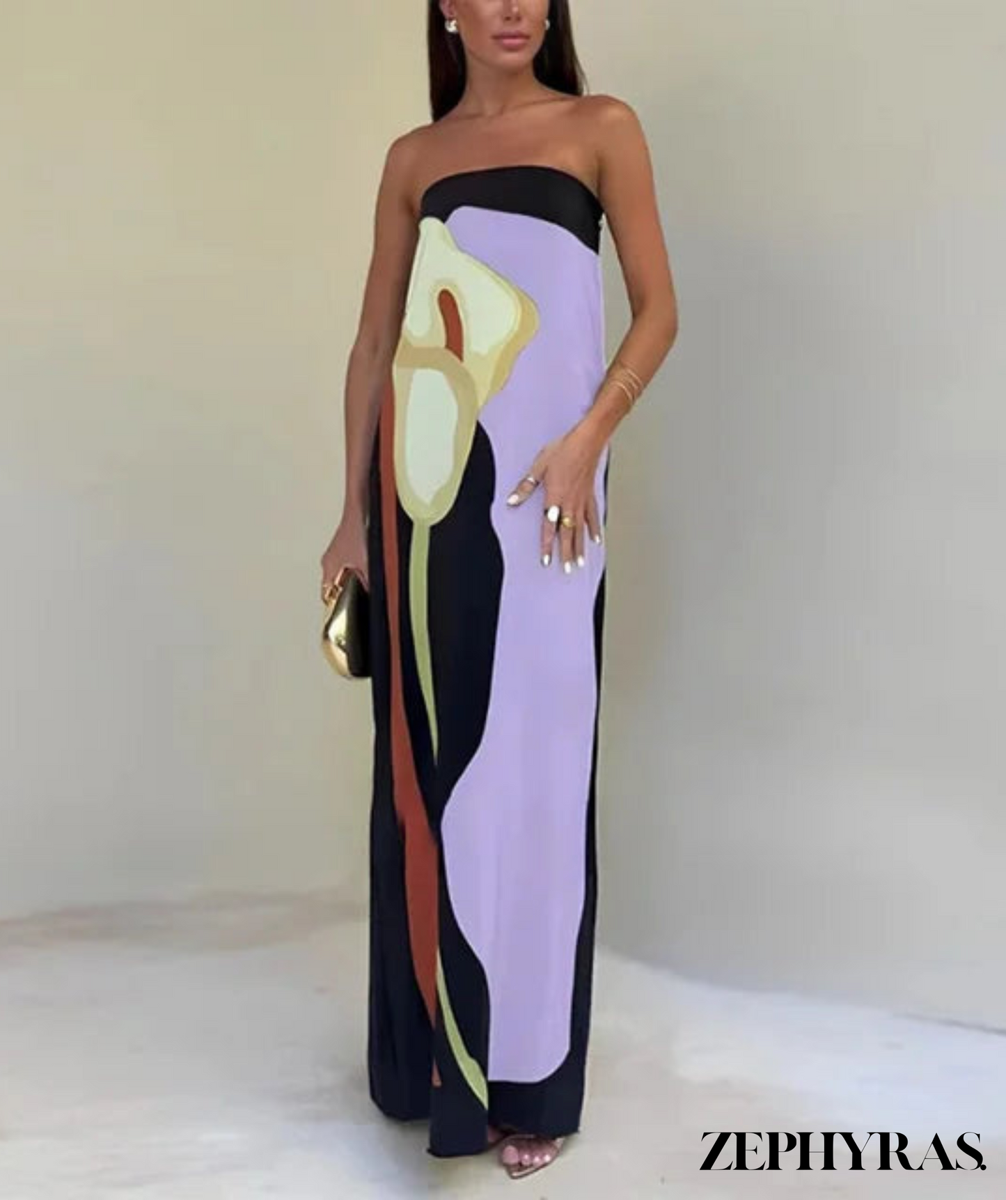 Variant image for Women's Strapless Maxi Dress – Lightweight Viscose Blend, Abstract Print, Flowing Fit, Summer-13
