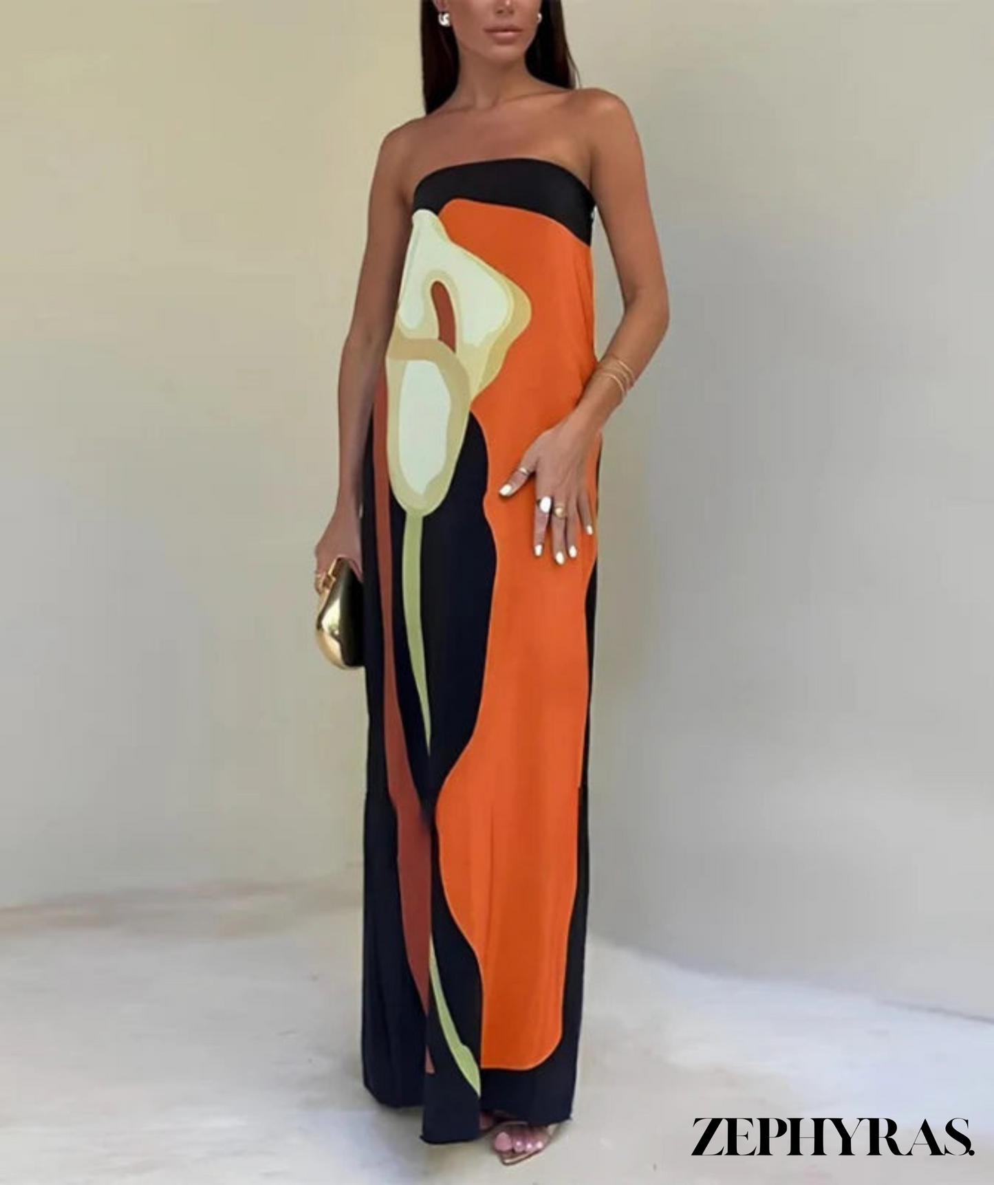 Variant image for Women's Strapless Maxi Dress – Lightweight Viscose Blend, Abstract Print, Flowing Fit, Summer-7