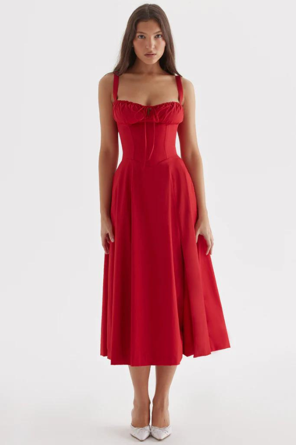 Women's Midi Summer Dress – Elegant Fitted Corset, Flowing Skirt, Lightweight Polyester