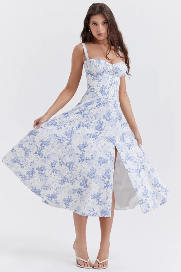 Women's Midi Summer Dress – Elegant Fitted Corset, Flowing Skirt, Lightweight Polyester
