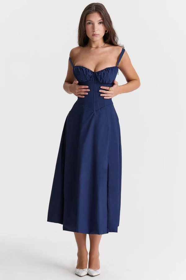 Women's Midi Summer Dress – Elegant Fitted Corset, Flowing Skirt, Lightweight Polyester
