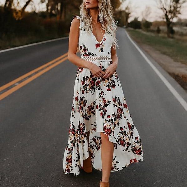 Women's Floral Maxi Dress – Sleeveless Flutter Sleeve, Lace Back, Tiered Skirt, Perfect for Summer
